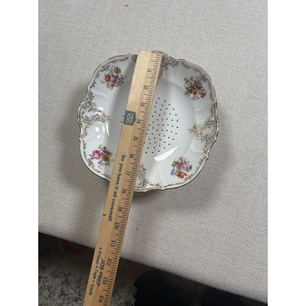 Antique Saxe Porcelain Berry Bowl Strainer Colander Footed Floral Gold